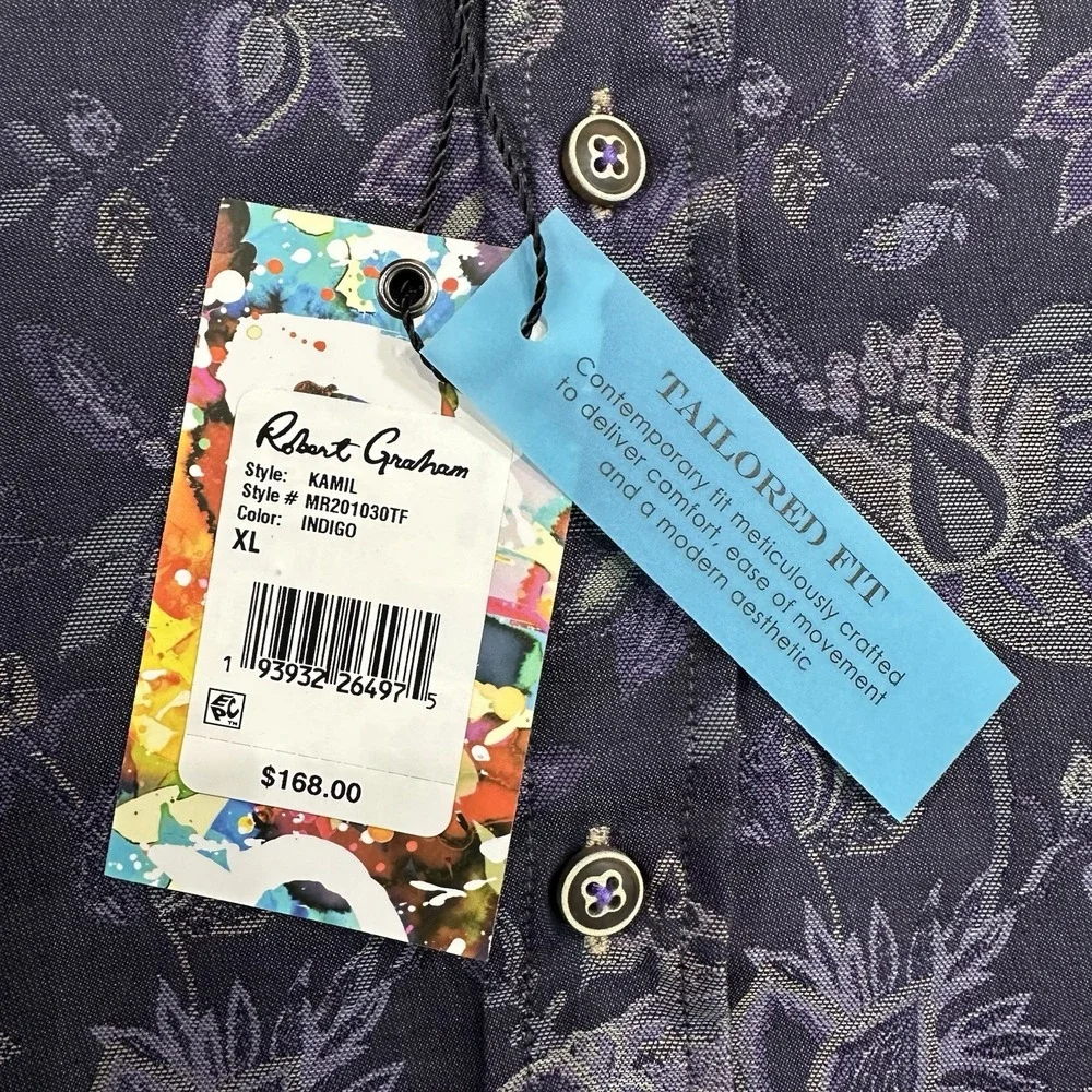 Robert Graham Kamil Indigo Floral Button Shirt Men's XL Tailored Fit NWT Luxury - Picture 2 of 9